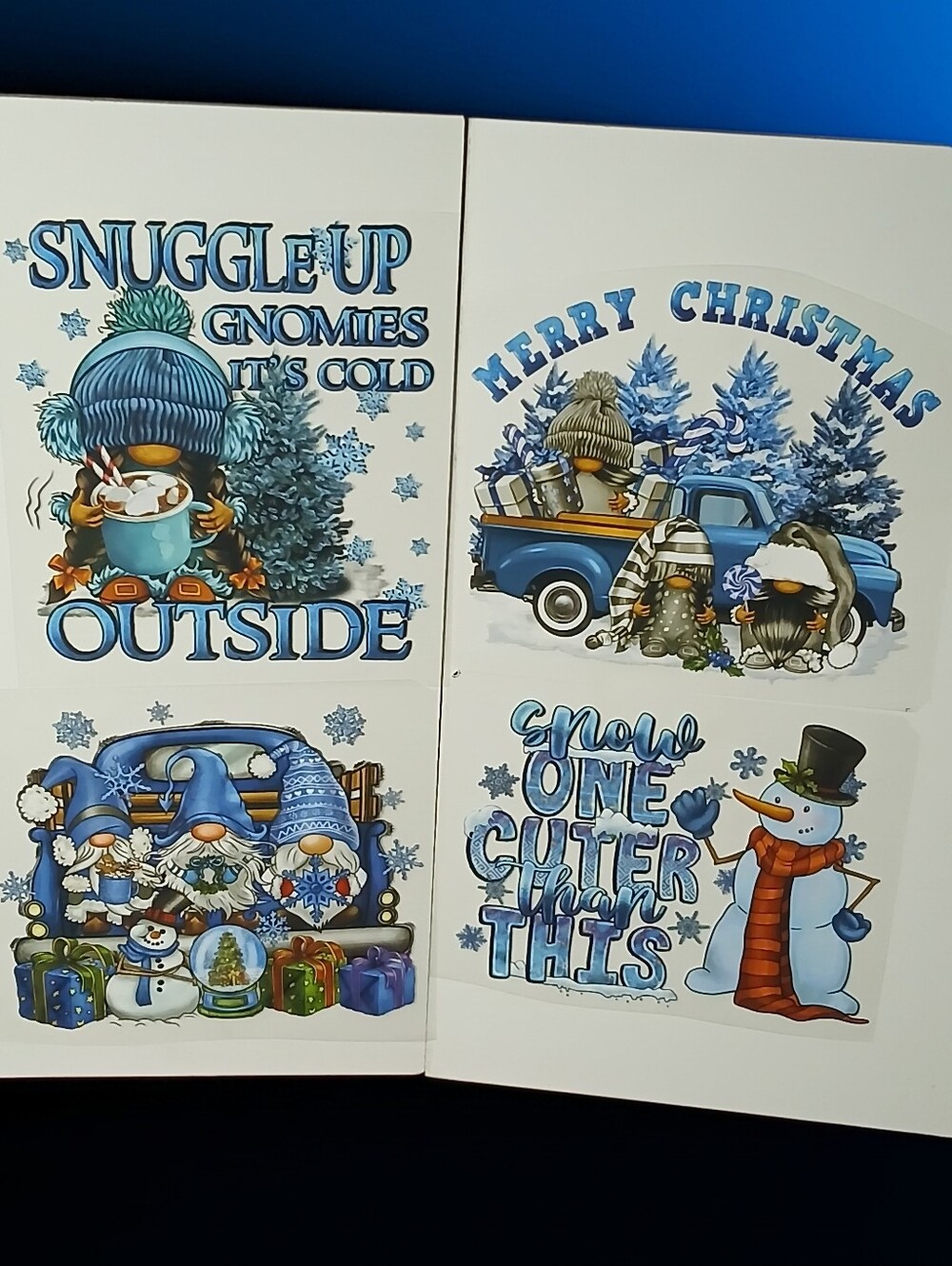 Ready to Press DTF Transfers Blue Christmas Gnome Snowman 4-Pack Bundle